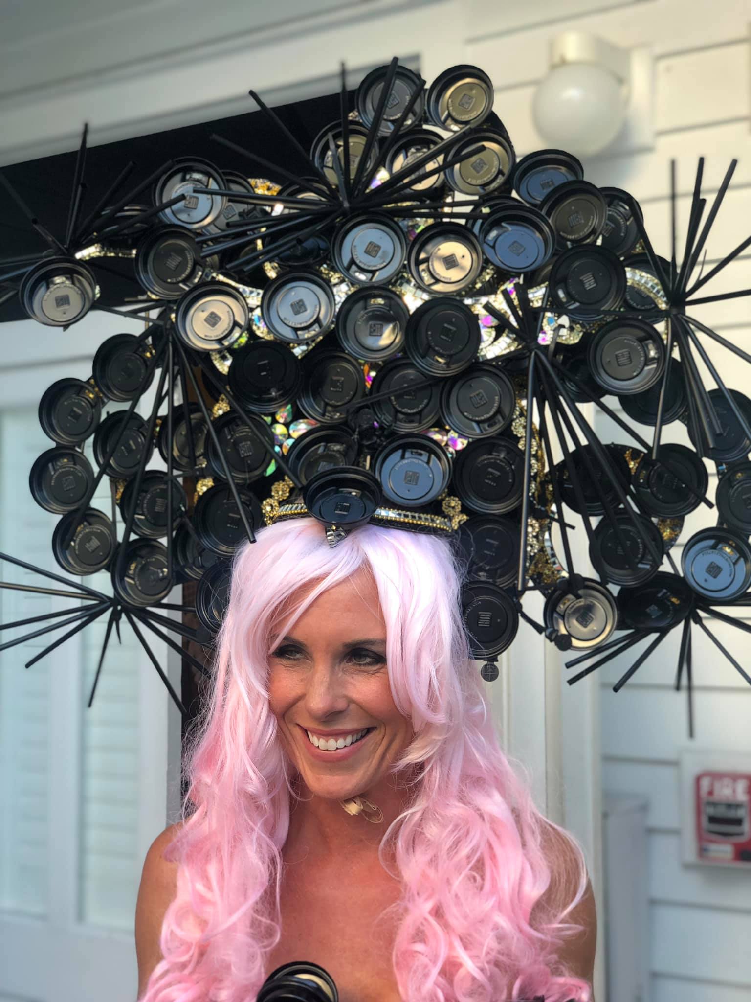 Kristen Winders wearing pink wig & head piece