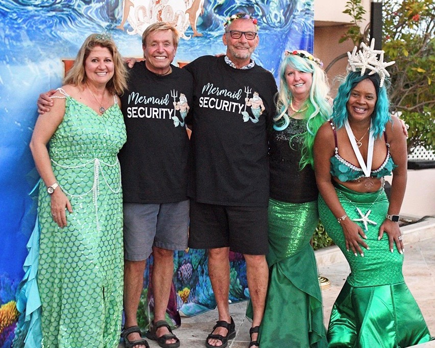 Stacy, ML & Tangela in mermaid costume with Bob & Frank wearing mermaid security t-shirts