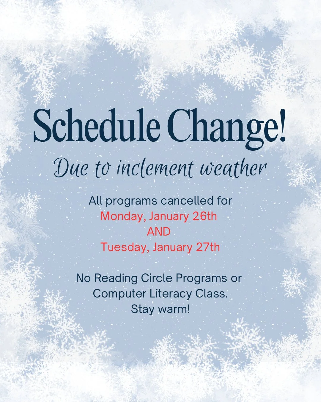 UPDATE!

Due to inclement weather, all Refugee Resources&rsquo; programming will be cancelled for both Monday, January 26th and Tuesday, January 27th!

No Reading Circle programs or Computer Literacy Class.

Stay safe and warm!