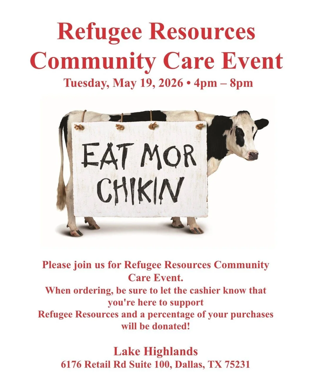 🐄🍗 Spirit Night at Chick-fil-A! 🍗🐄

Mark your calendars &mdash; we&rsquo;re having a spirit night at Chick-fil-A Lake Highlands on Tuesday, May 19th from 4&ndash;8 PM, and we&rsquo;d love for you to join us!

When you dine in or carry out during 