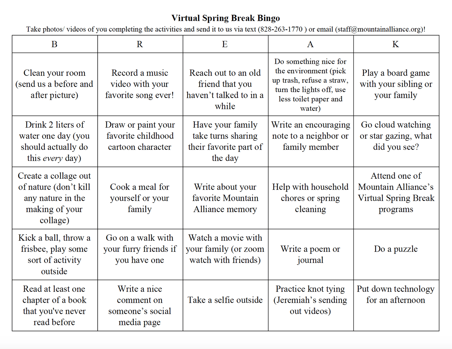 Spring Break Bingo — Mountain Alliance