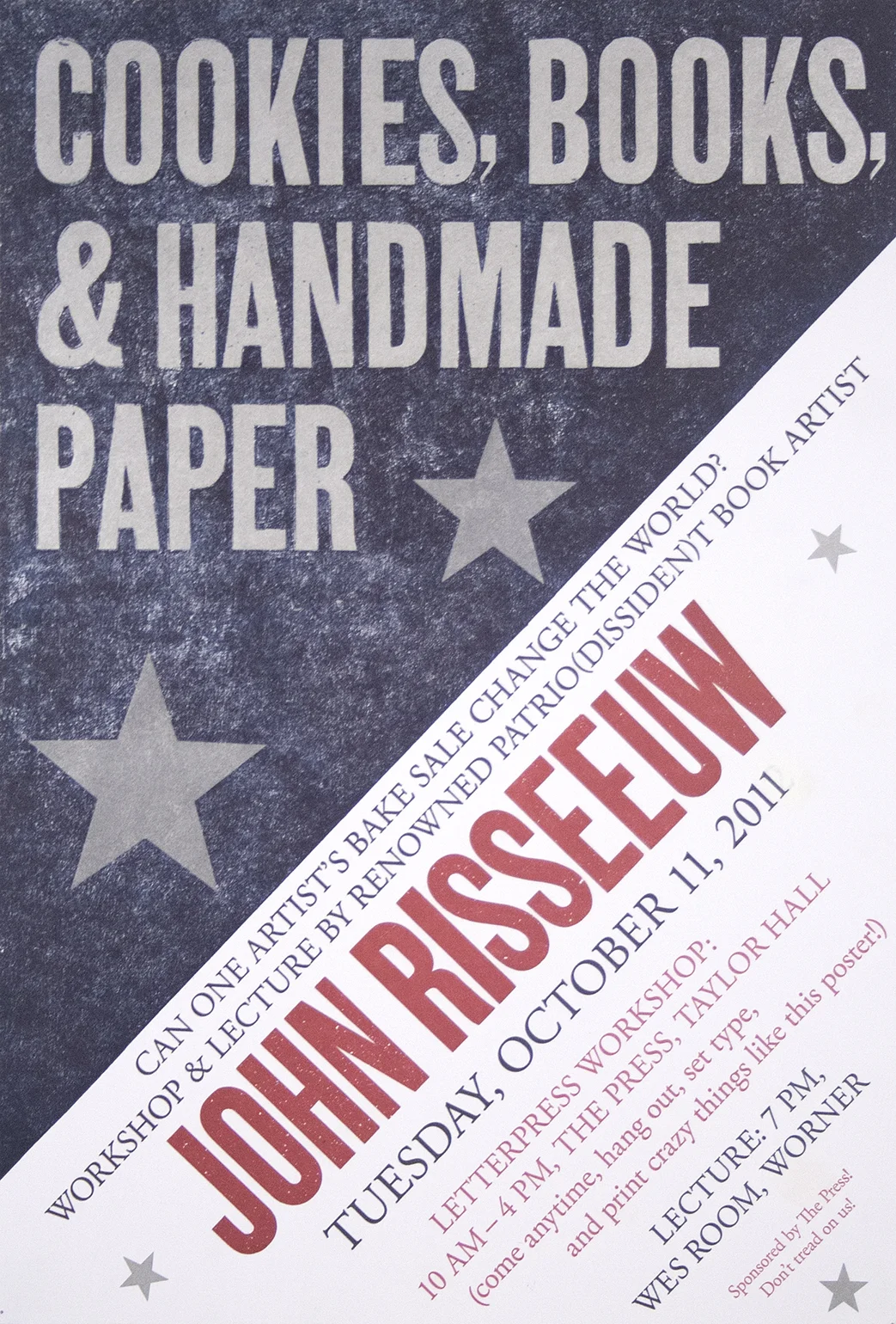 Poster by Aaron Cohick. Collagraph, metal & wood type.