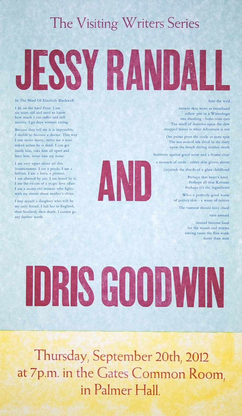Poster by Patrick Lofgren. Linoleum block, metal & wood type.