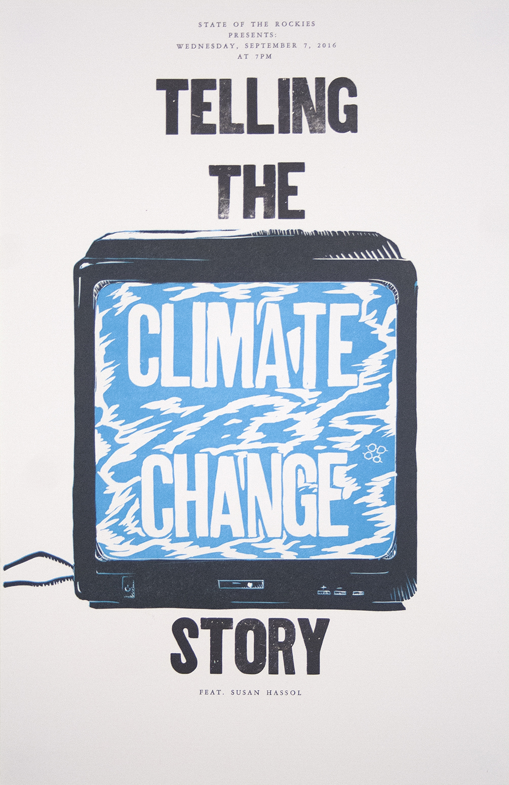 Poster by Crane Sarris. Linoleum block, metal & wood type.