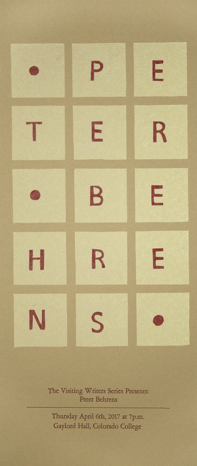 Poster by Annie Brewster. Linoleum block, metal & wood type.
