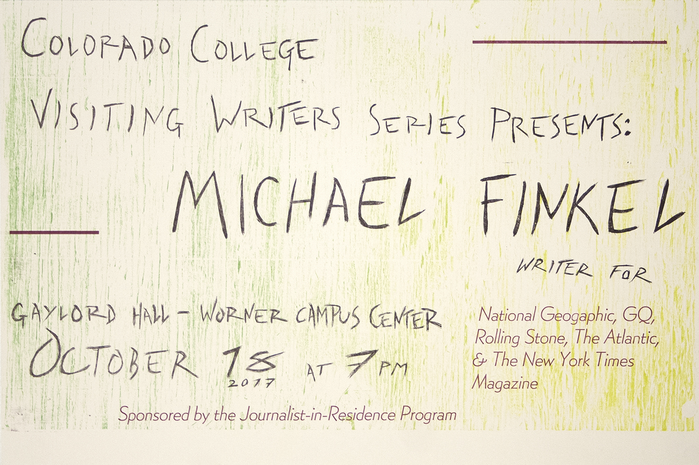 Poster by Kai Hill. Scratch negative photopolymer plates, collagraph, and metal type.