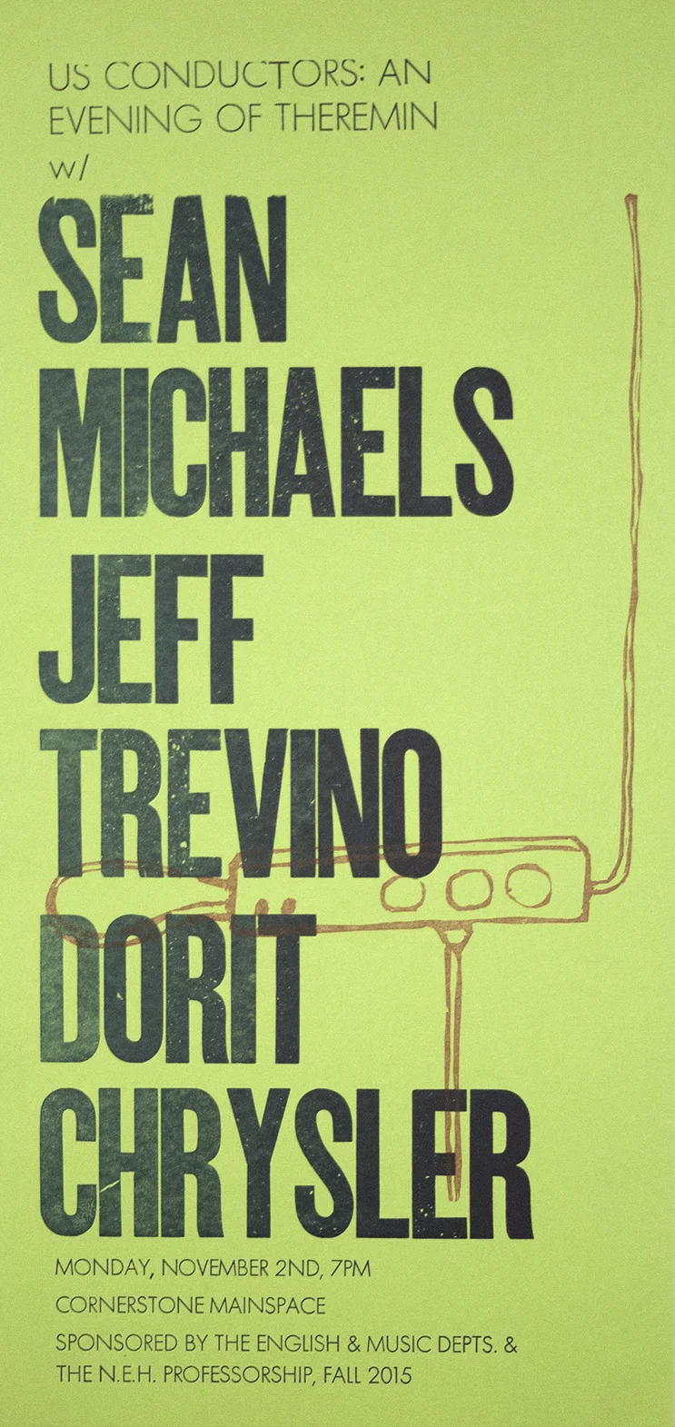 Poster by Walker Walls-Tarver. Linoleum block, metal & wood type.