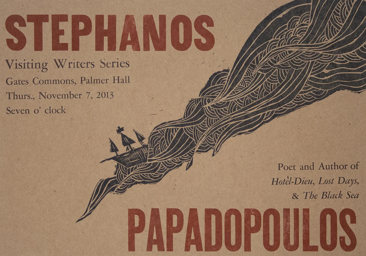 Poster by Taryn Wiens. Linoleum block, metal & wood type.