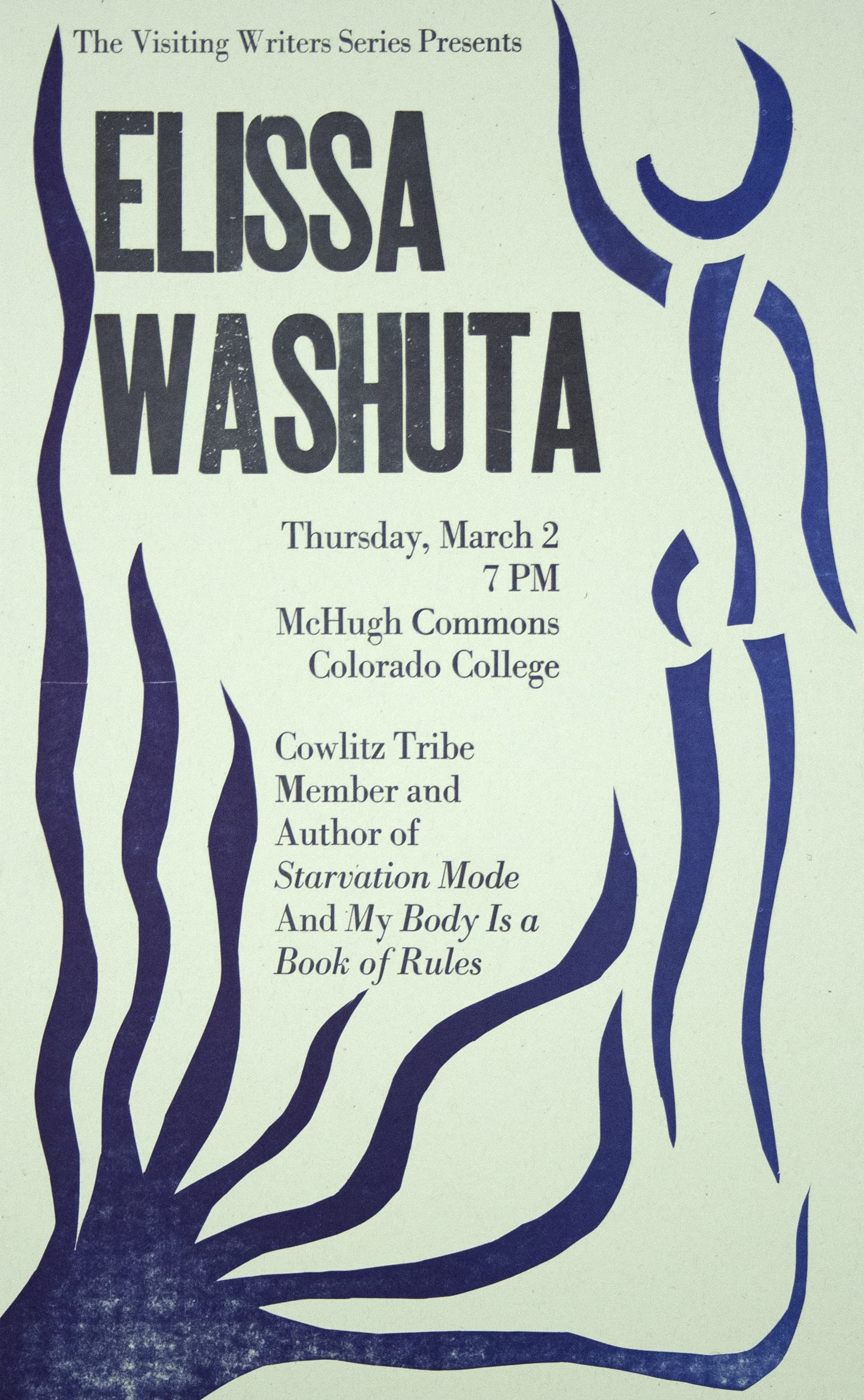 Poster by Allie Crimmins. Linoleum block, metal & wood type.