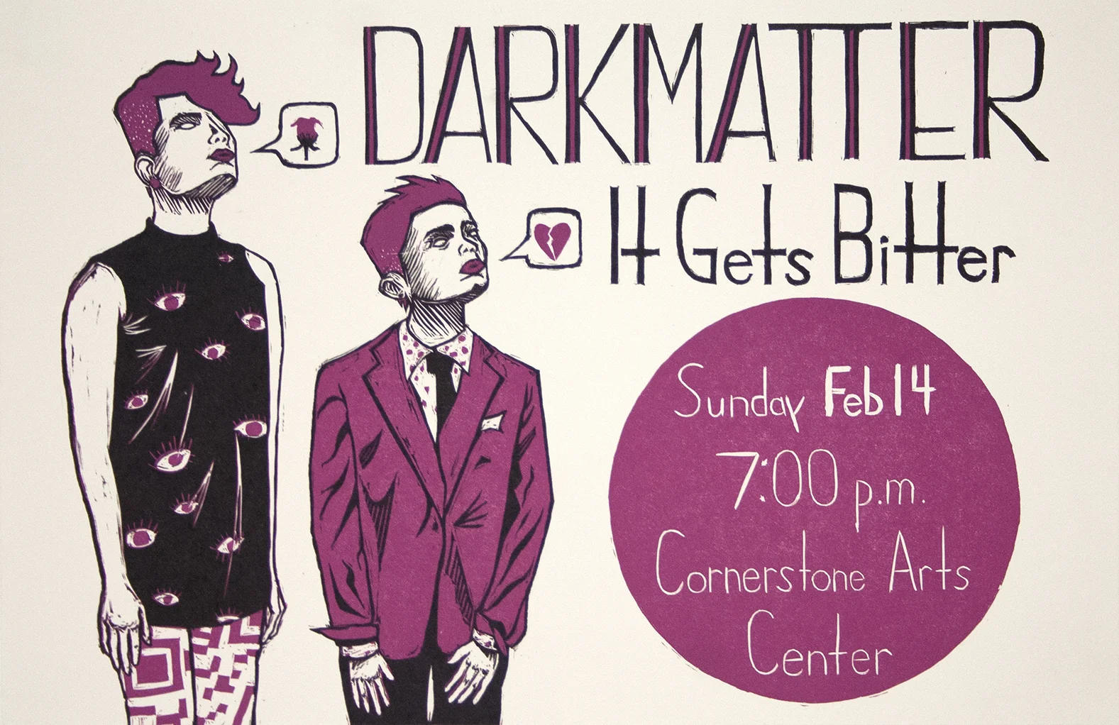 Poster by Han Marie Santana-Sayles. Linoleum block.
