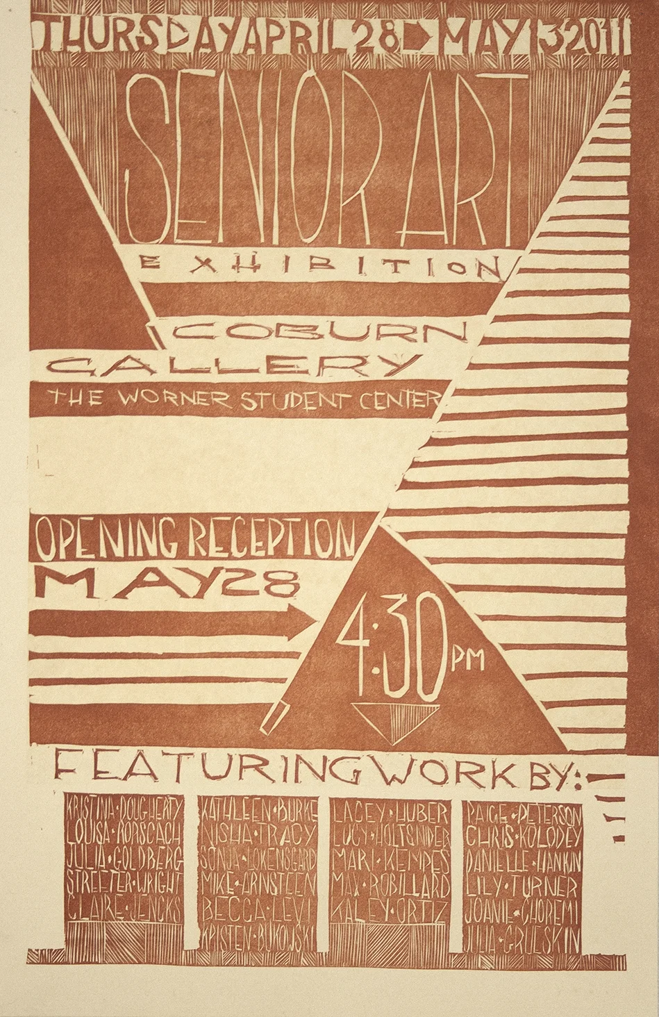 Poster by Rebecca Levi. Linoleum block.