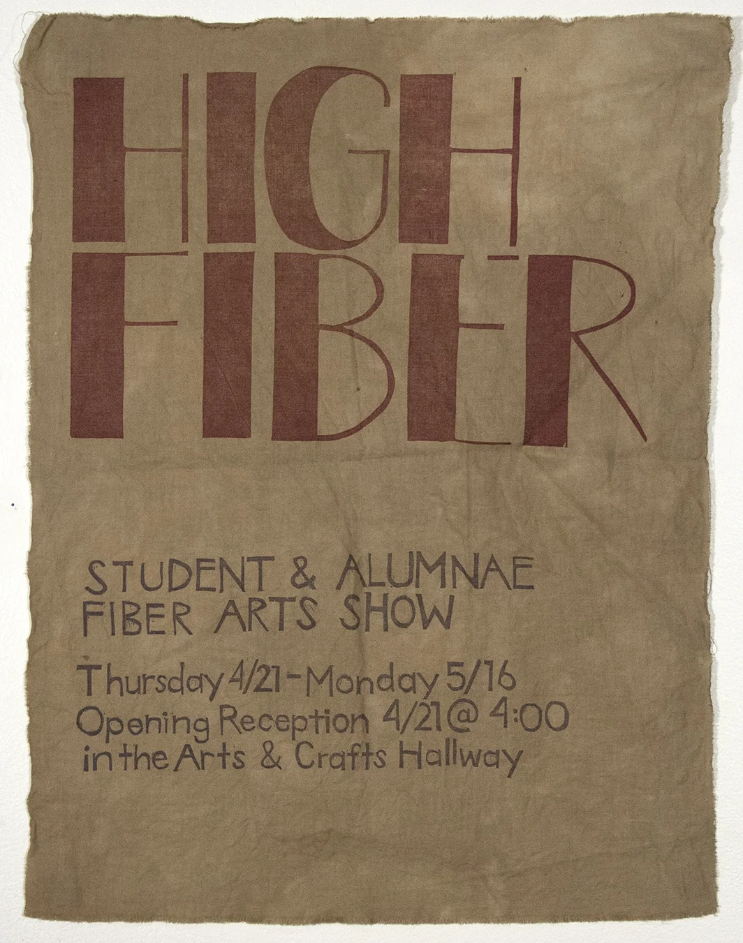 Poster by Celia Palmer. Linoleum block on dyed fabric.
