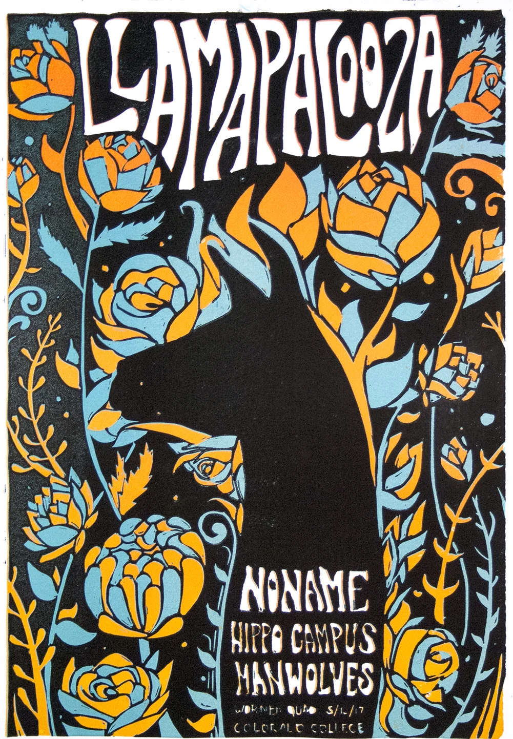 Poster by Annie Brewster. Linoleum block.