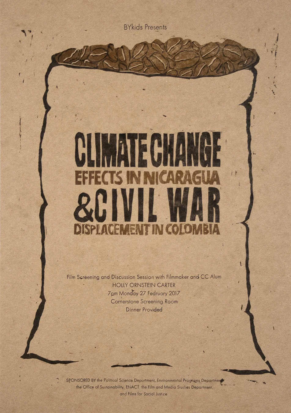 Poster by Britta Lam. Linoleum block and metal type.