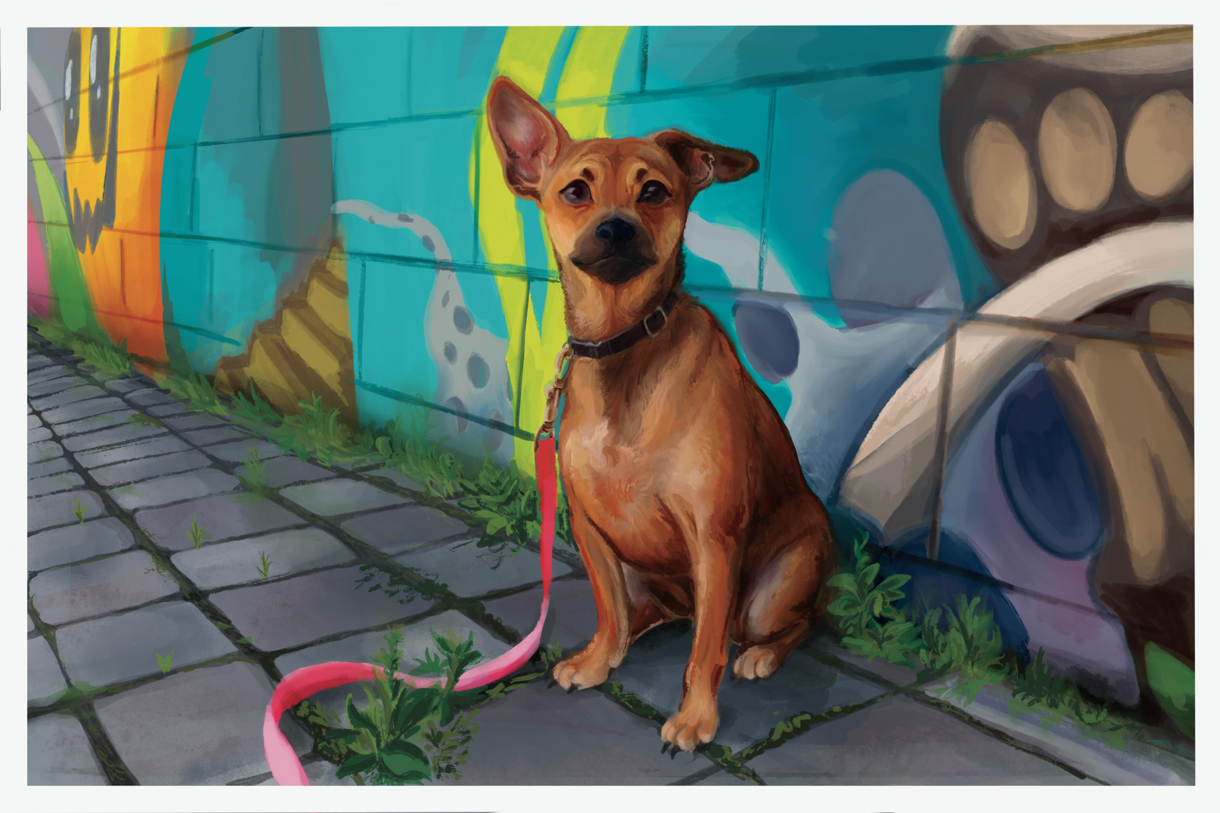  A recent piece I painted digitally, from a reference photo taken by my mom. This piece was a gift for my parents, who adopted Daffy here a year ago! This dog is so goofy and cute, she was a joy to paint, and I loved recreating the bright and interes