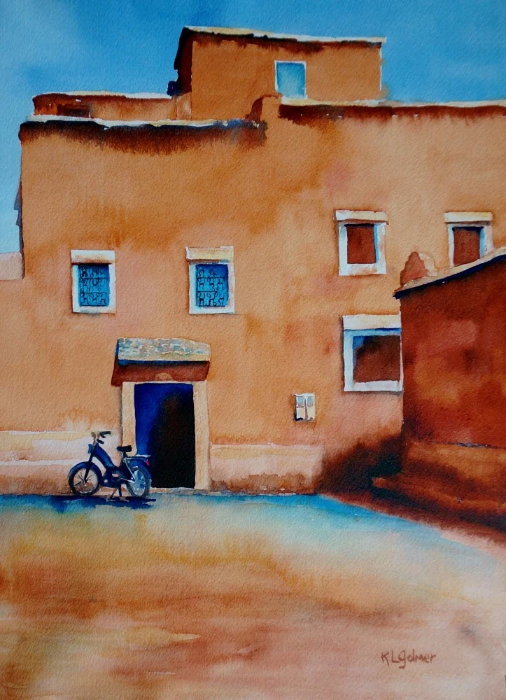 Cycle in Morocco Framed watercolor 20 x 16", $300