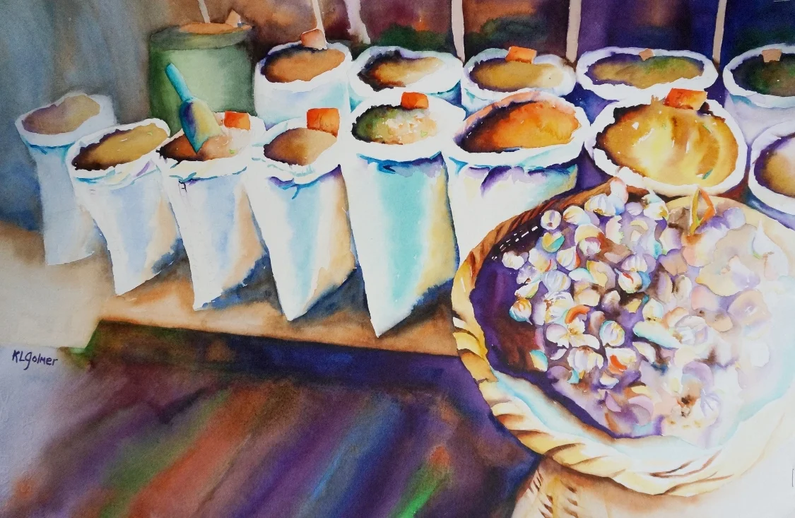 Garlic and Grains Framed watercolor 20 x 27", $800 Prints available