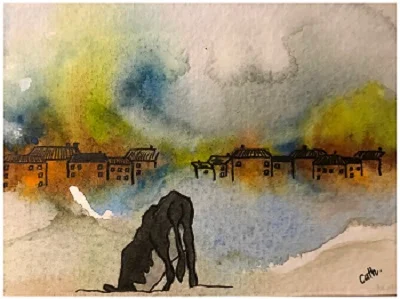 Cities on fire Mixed media, watercolor and ink, 10x13cm