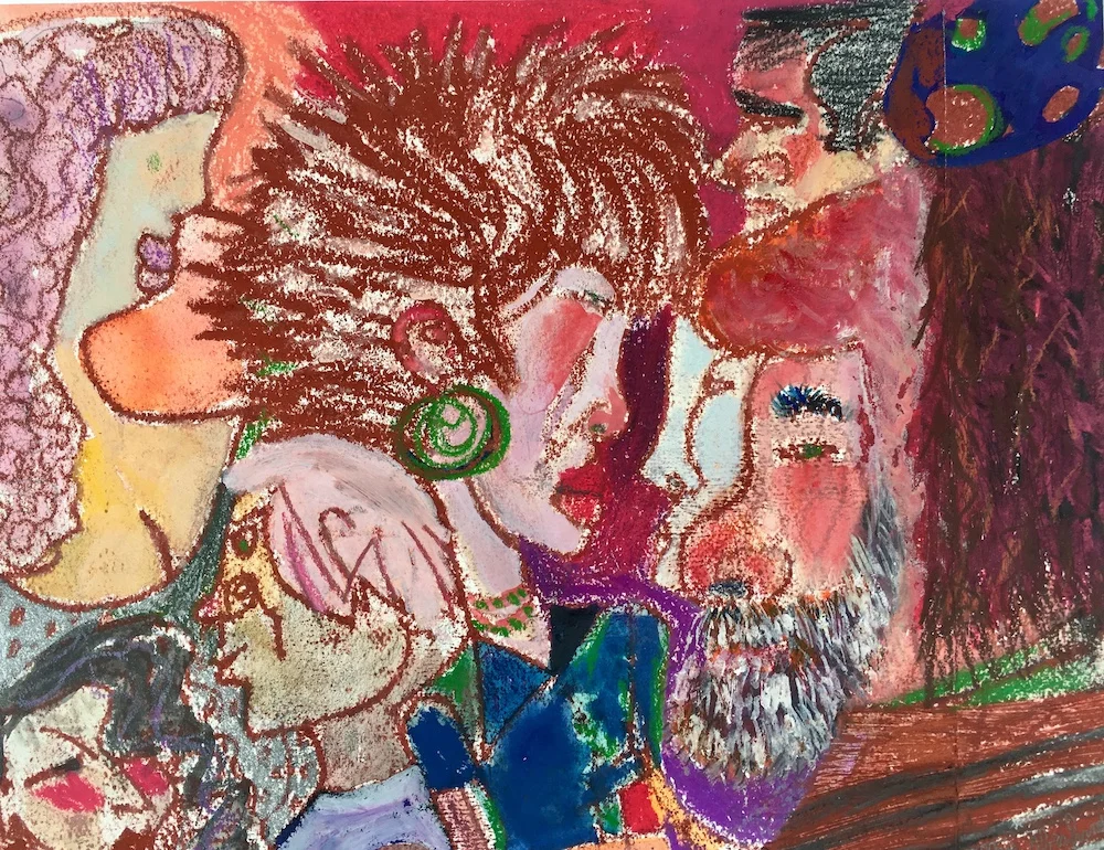 Skin Tight, Transfer drawing with oil pastel and gouache, 10.5" x 13.5"