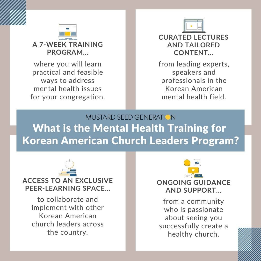 Can you believe that the third cohort of the Mental Health Training Program for Korean American Church Leaders is starting next month? This cohort will last from September 12th-October 28th (with an optional Pre-Course Week starting on September 5th)