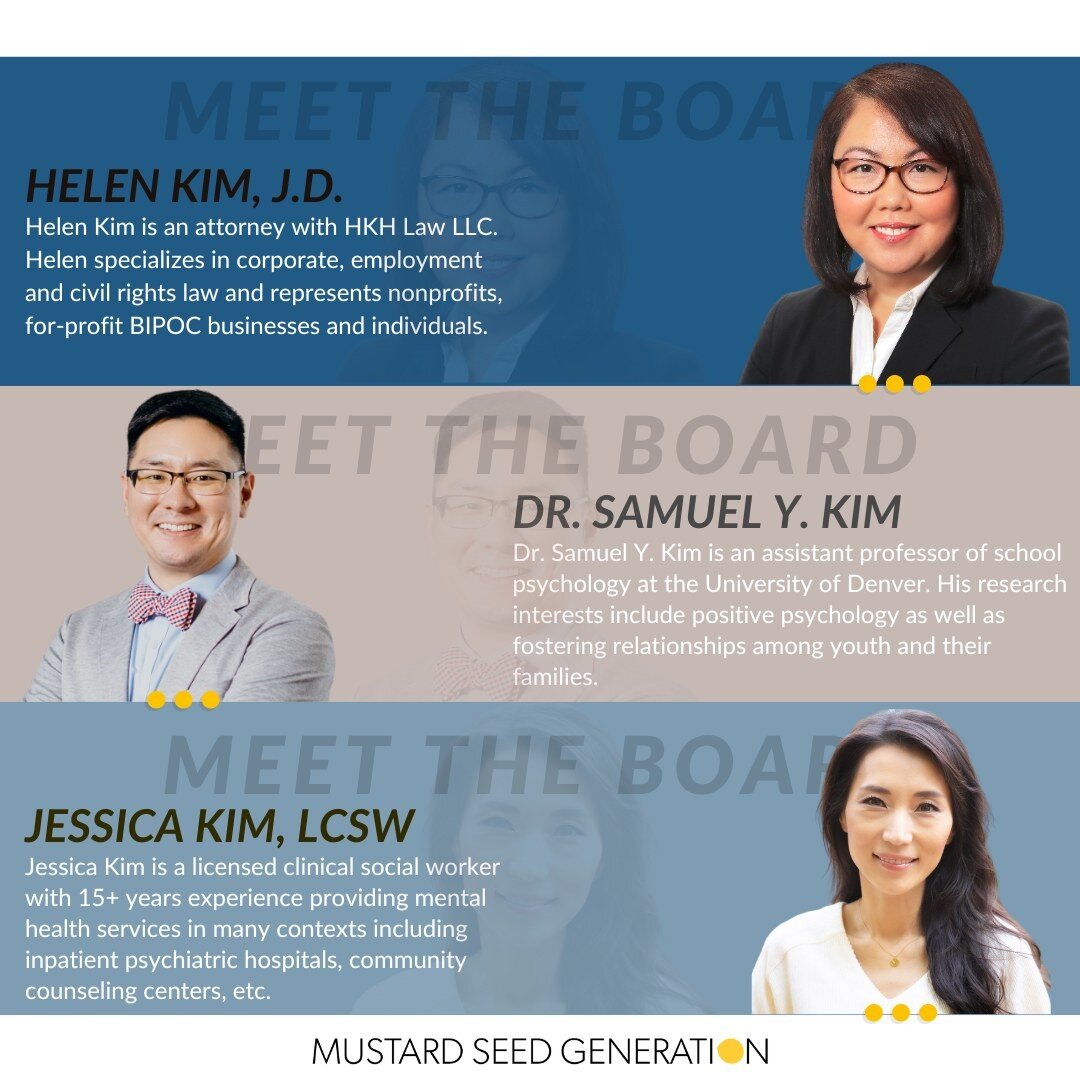 ✨ New Advisory Board Members ✨⁣
MSG is proud to announce that we have added three amazing individuals to our advisory board! With lots of excitement and anticipation, let's welcome attorney Helen Kim (JD), Dr. Samuel Y. Kim and licensed clinical soci