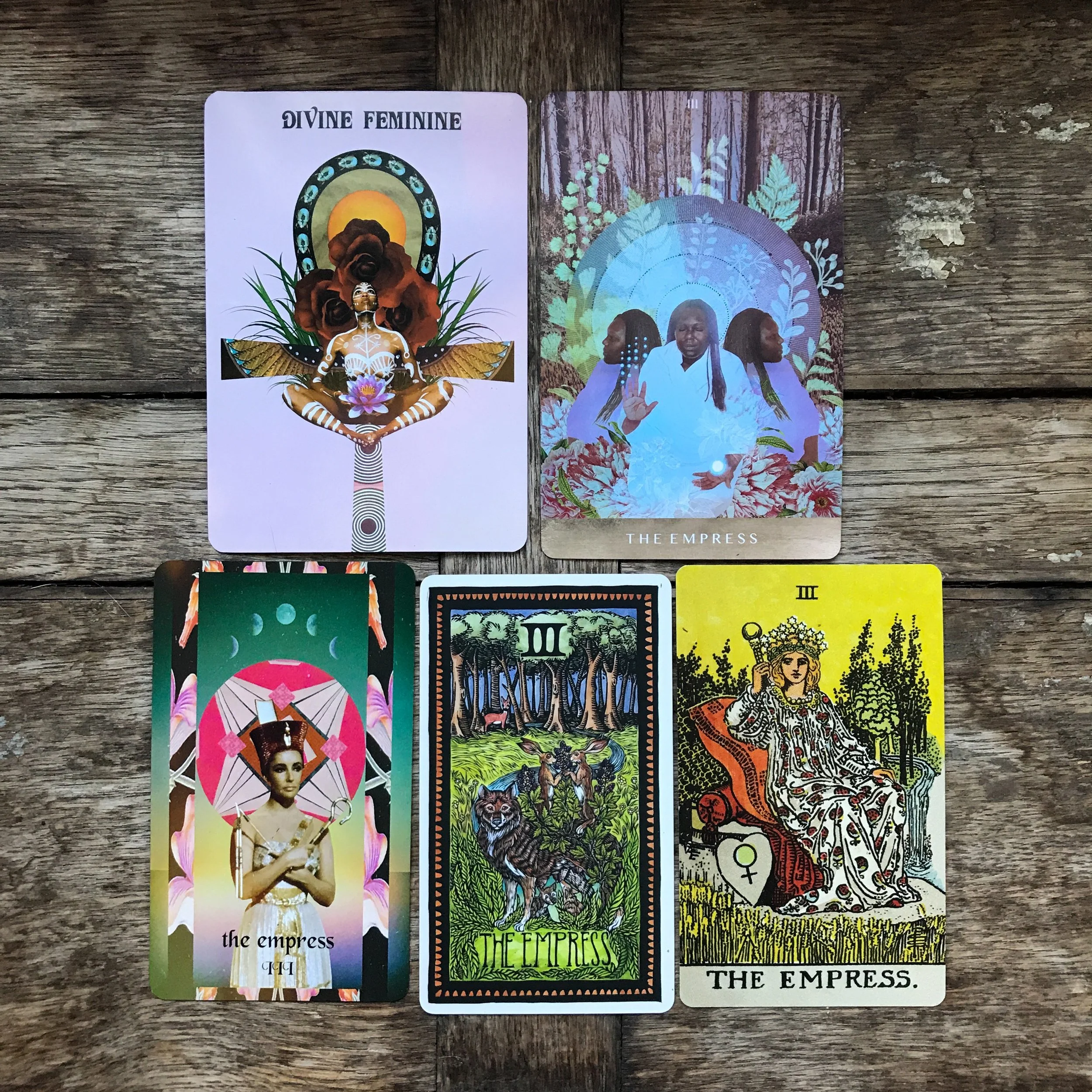 top row from left to right: SheWolfe Tarot, Moonchild Tarot. bottom row: Serpentfire Tarot, Brady Tarot, Smith-Waite borderless.