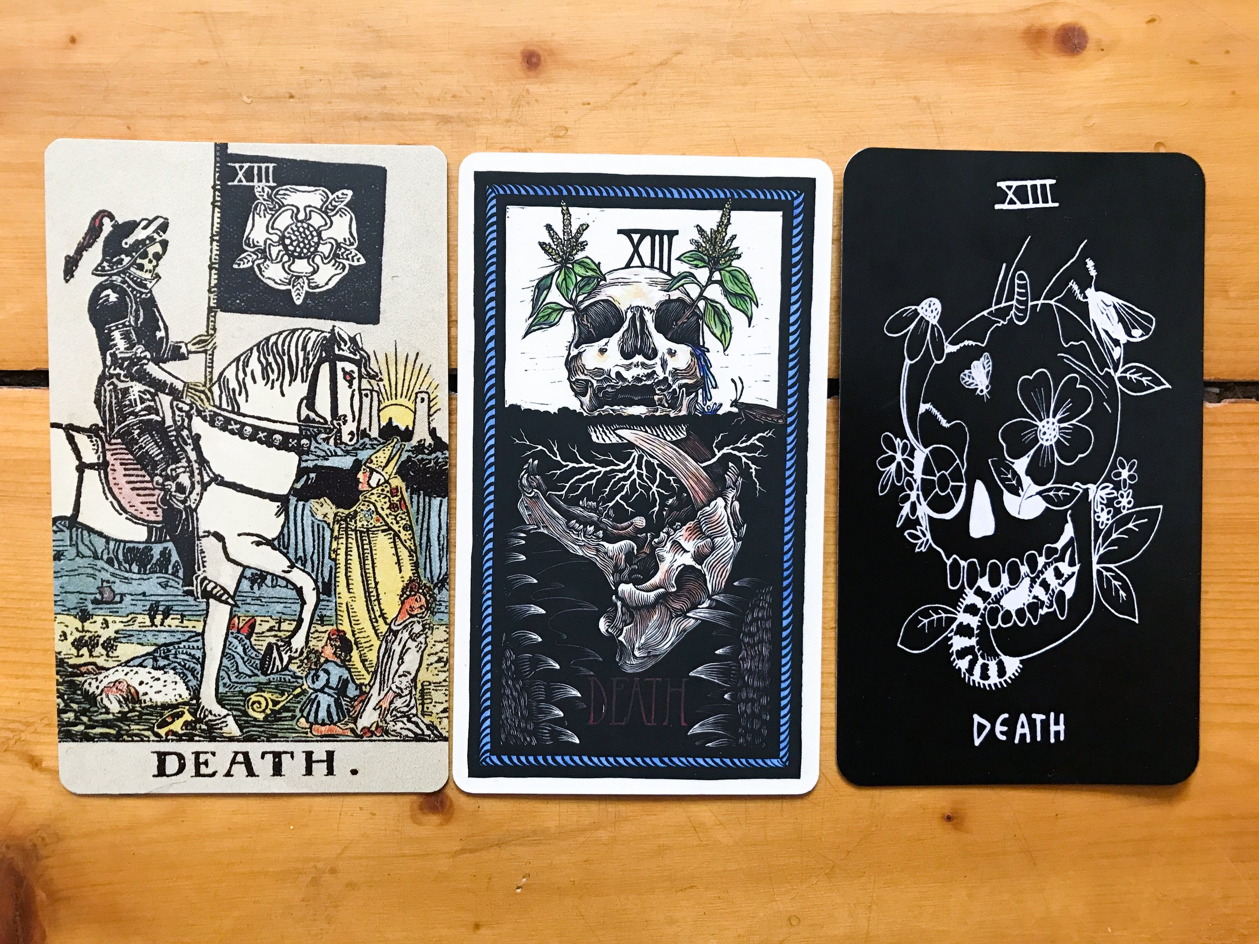 Left to right: Centennial Waite-Smith, The Brady Tarot, Persephone Tarot 1st edition
