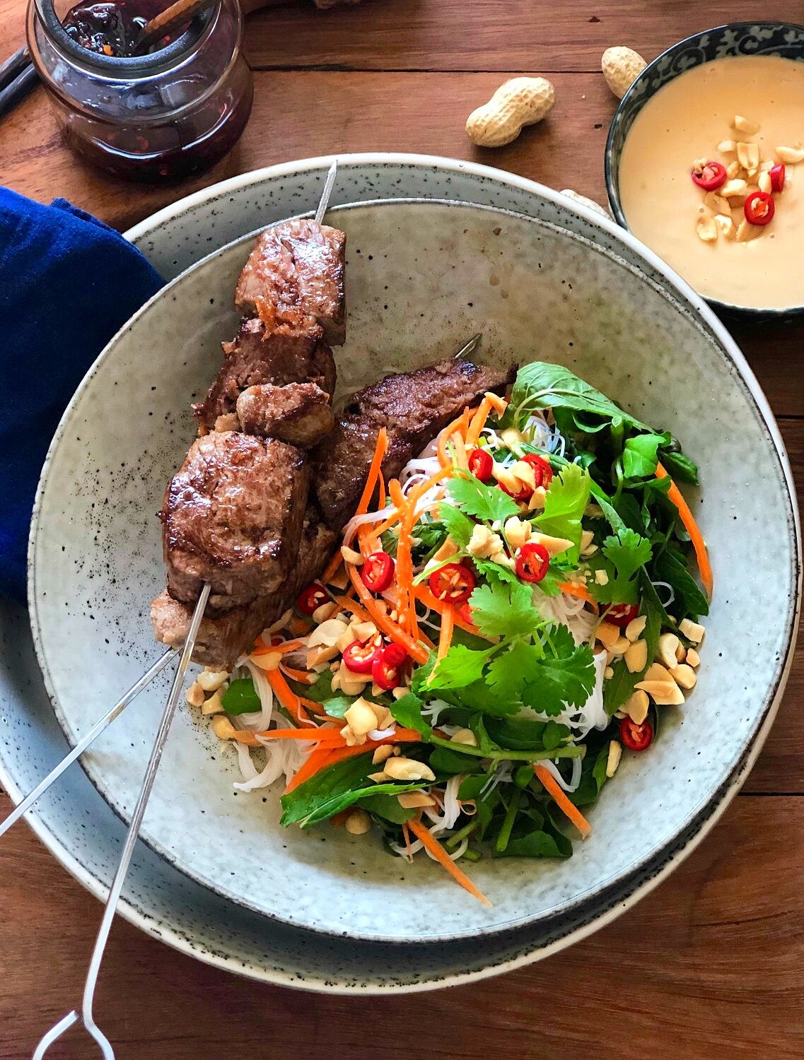 Skewered Beef on Noodle Nests Recipe