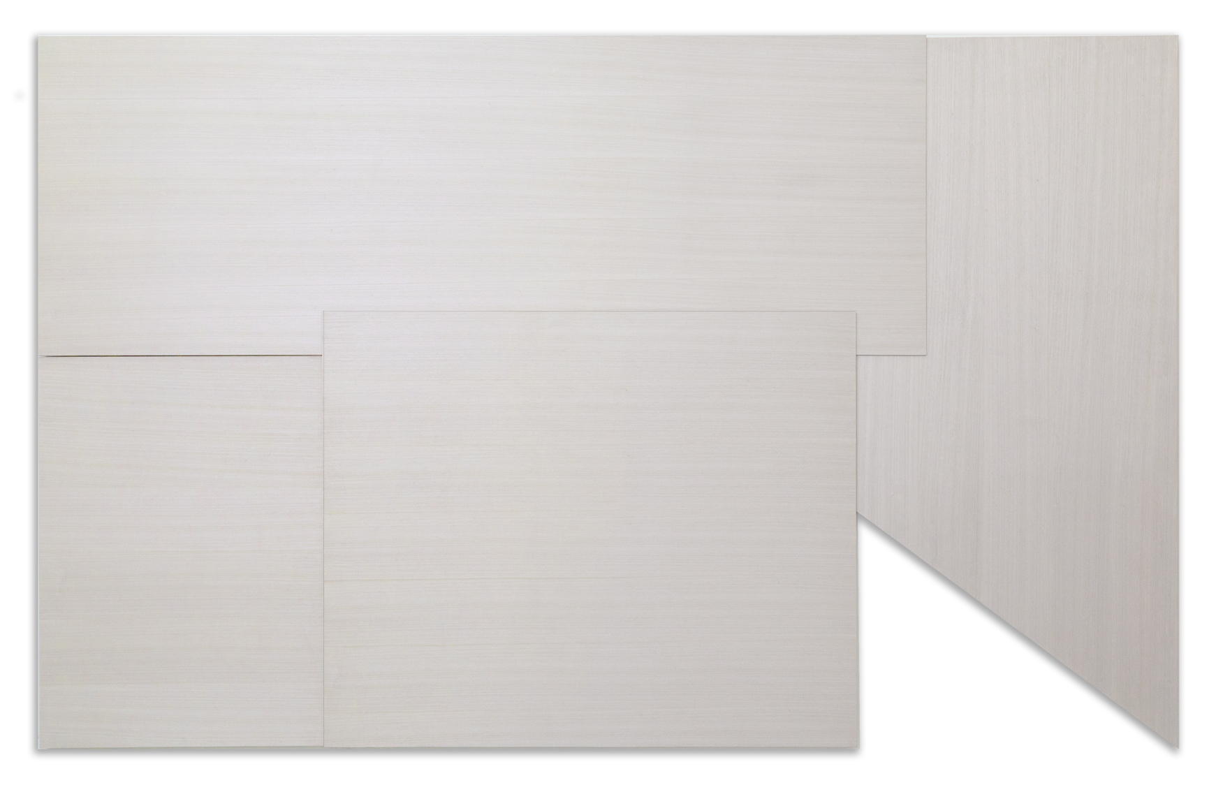  White Deconstruction I, 2018  Egyptian Wood Laminate on Wood and Aluminum   79” x 126”    Deconstrucción Blanca l, 2018  Chapa de madera egipcia s/mdf montada   200 x 320 cm 