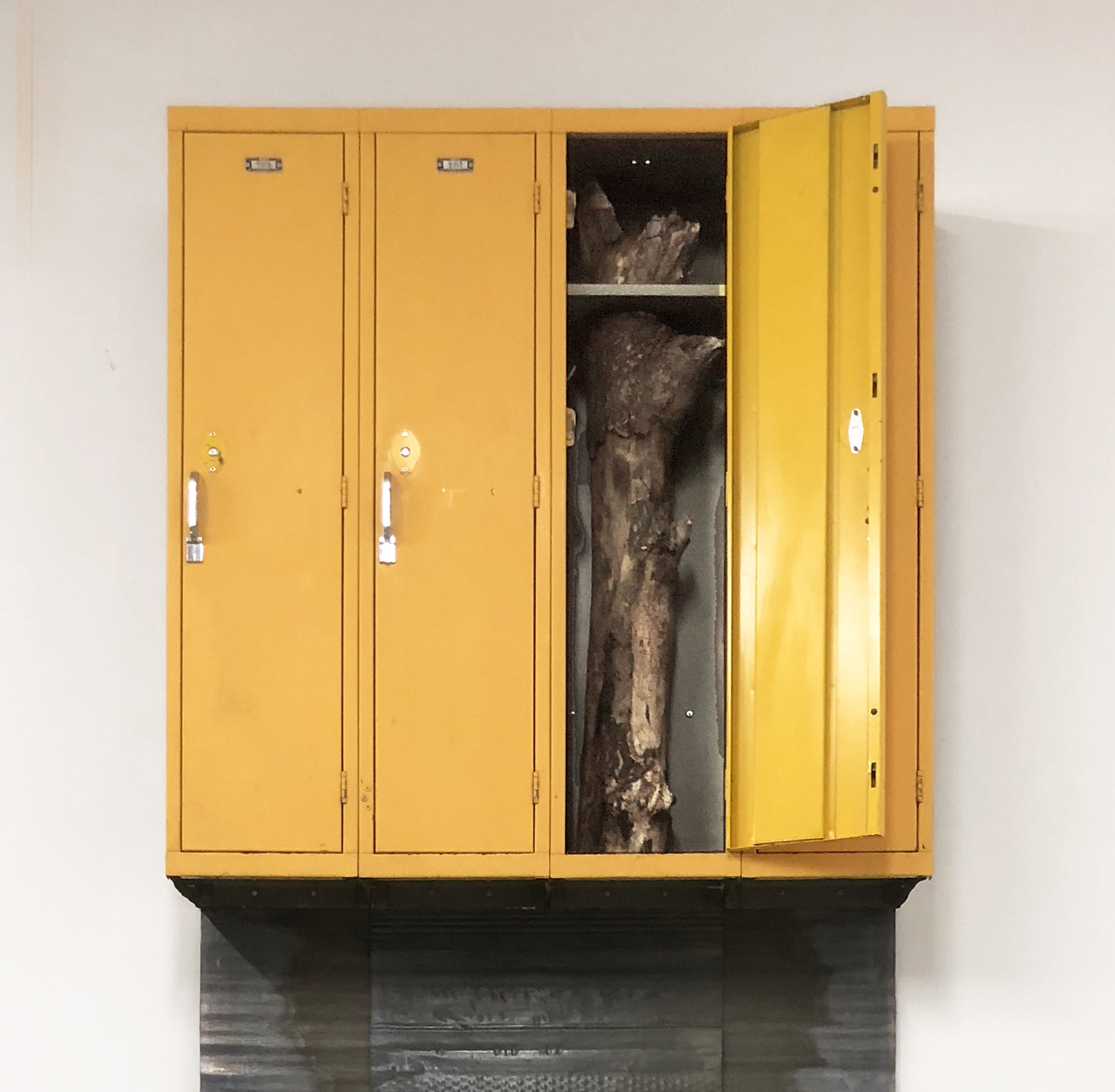  Fat Frankie, 2018  Repurposed Lockers, Log and Lead  144” x 48” x 12”    Fat, Frankie, 2018   Lockers, Troncos y Plomo Reutilizado   366 cm x 122 cm x 30 cm 