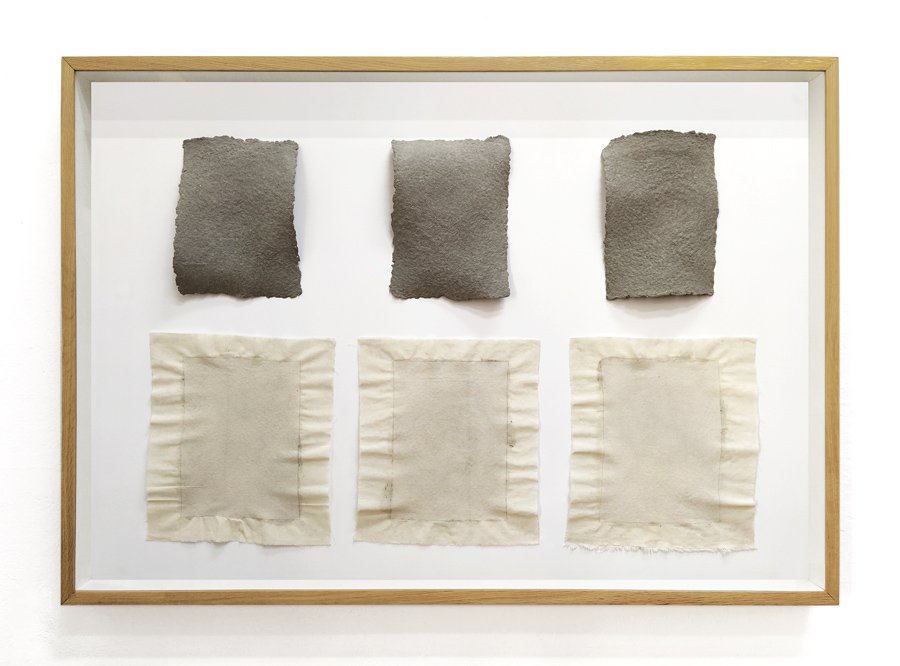  April Triptych 2020, 2021  3 Handmade Papers out of Newspapers Corresponding to 3 different  Relevant Days and the Cloths on which they were made  37” x 53” x 4”    Tríptico de Abril, 2021  3 Papeles Hechos a Mano con Periódicos de 3 Días Relevantes