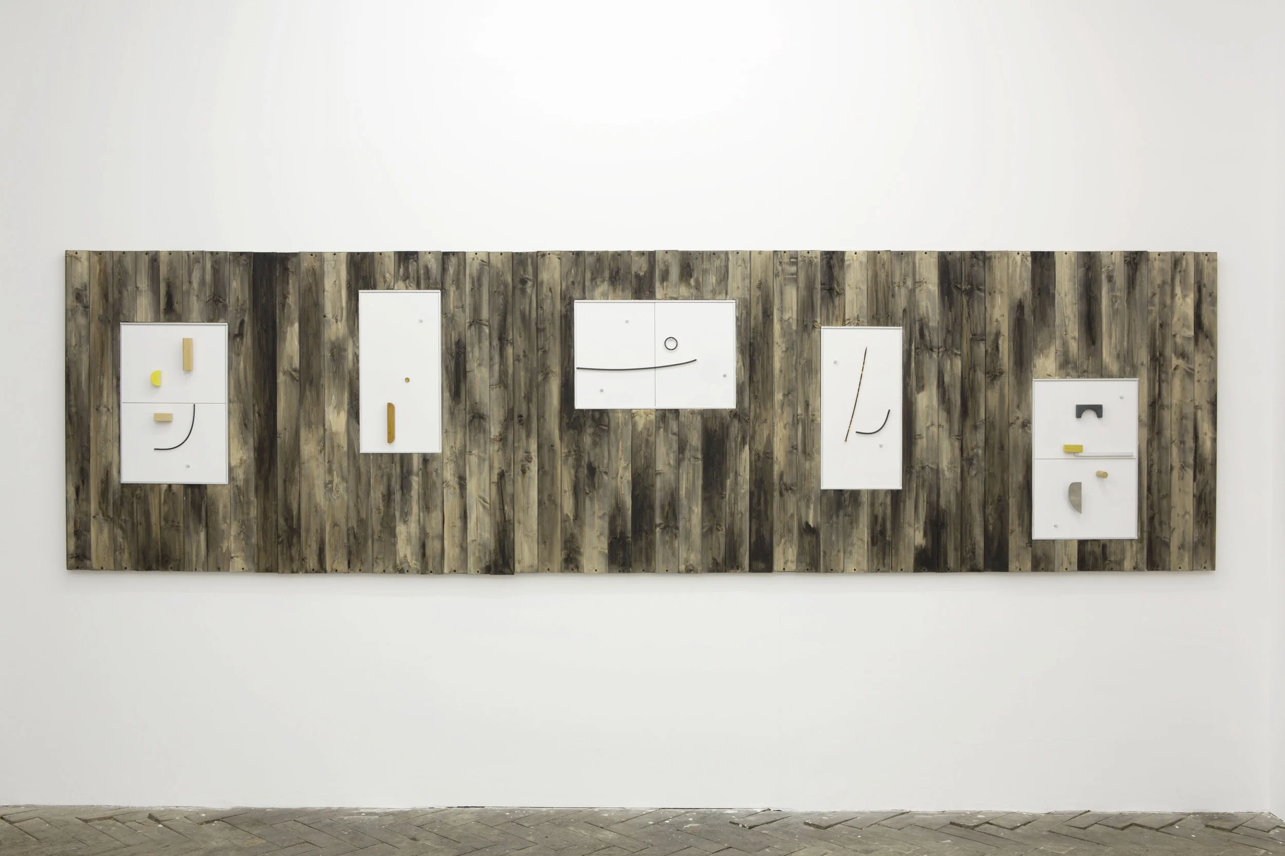 Automatic (detail), hand stained slatted wood, ceramic tiles, children's building blocks, curtain hoop, clay cutting tools, door knob, knitting needle, wiper blades, aluminium framing material, bolts