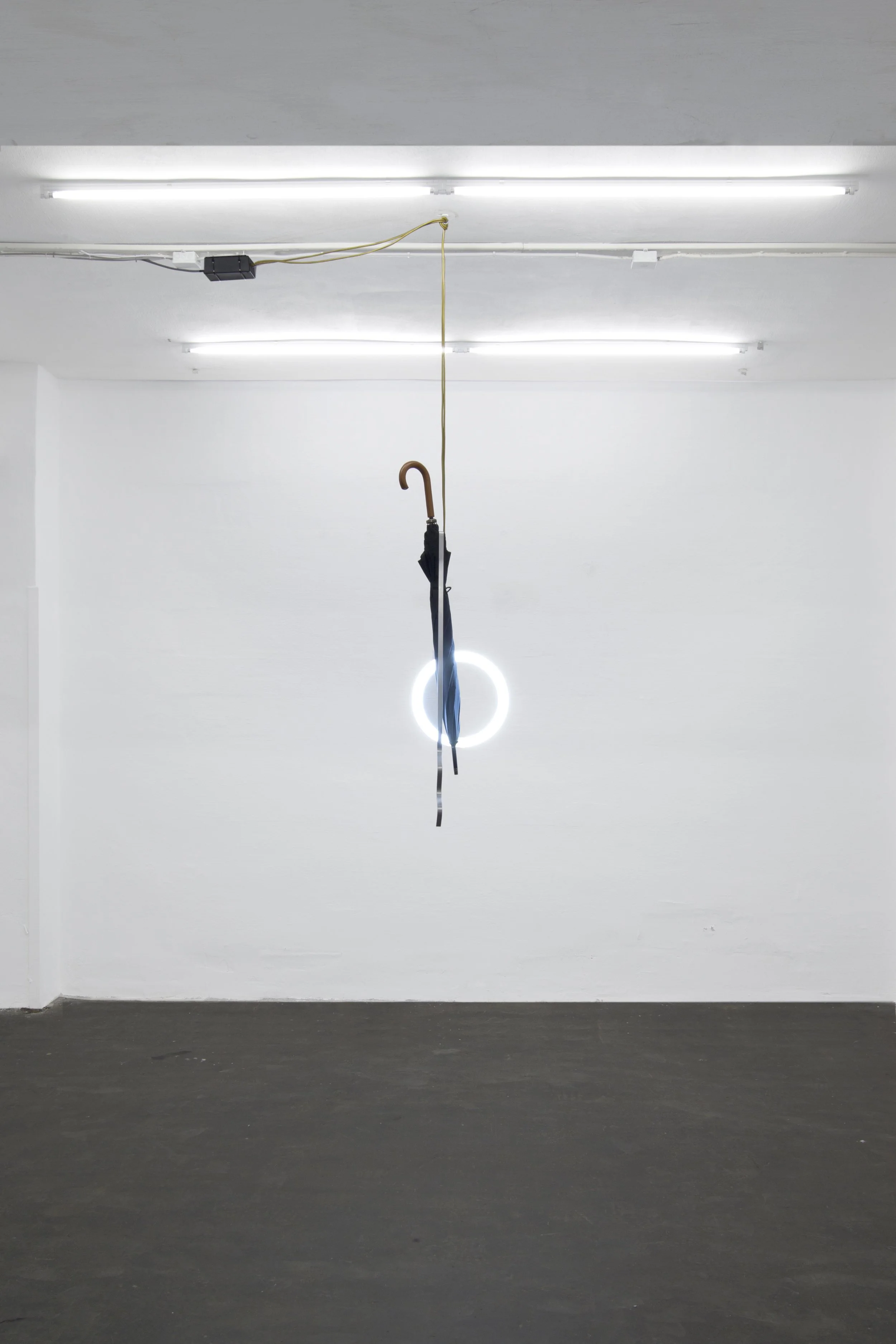 Circular Motif With Two Hanging Forms, modified bathroom lamp, umbrella, moulded aluminium, flex
