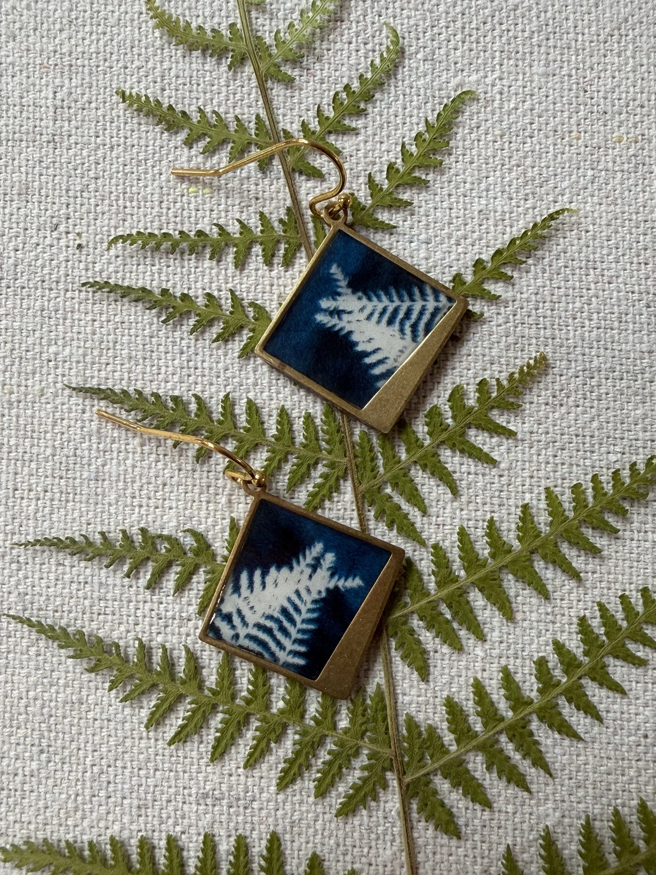 Fern Cyanotype Square Earrings