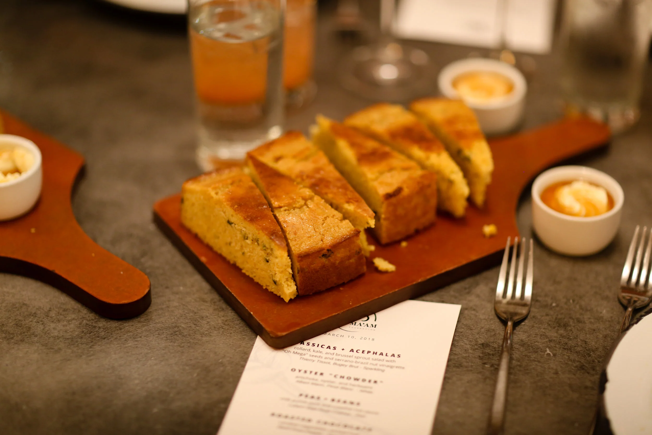 Cornbread with butter and Poirier's cane syrup