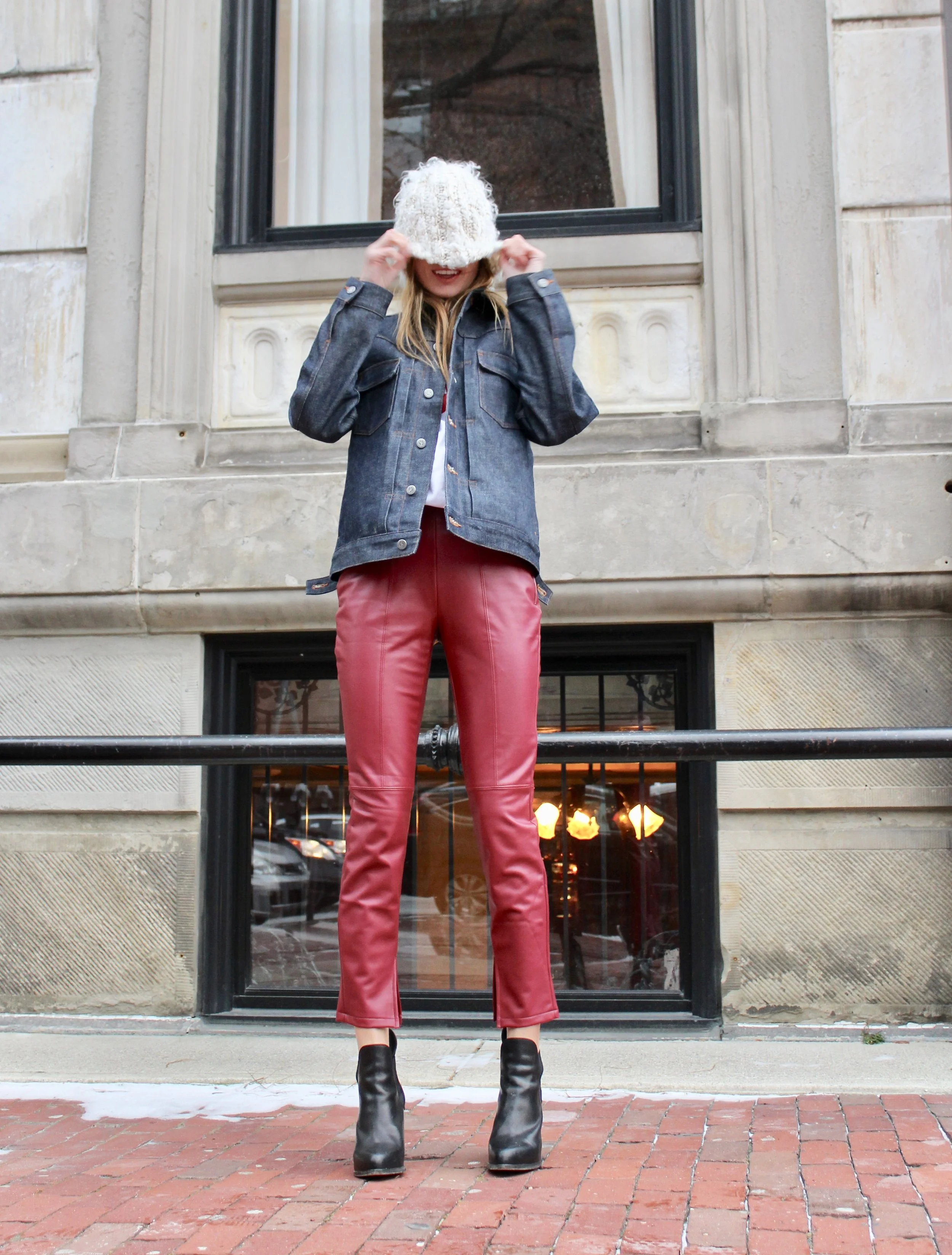 And last but not least! These RED faux leather pants are.... TARGET .. Im wearing a small but I wish I would have gone for an xs. Im usually a 25 waist and they are a little big on me. Shoes are rag and bone I can't find exact ones because these are so old, but click link for some cute options. Also rag and bone boots last very long.I used to wear mine everyday in NYC Hat is free people from forever ago
