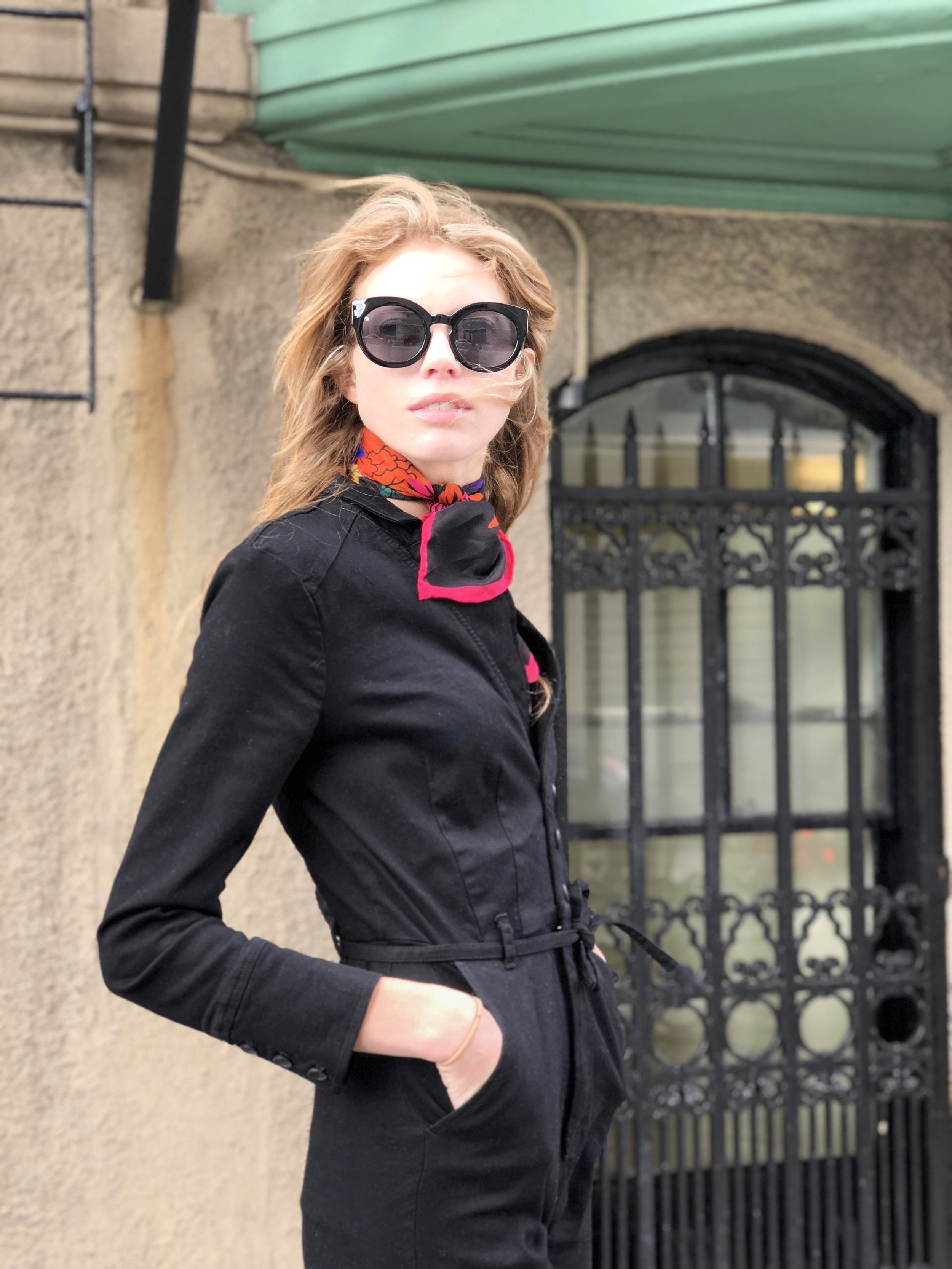 Sometimes the jumpsuit might feel too easy right? So in this look I added this neck scarf (that might of been a head scarf) with a pop of color. Shop Zara scarfs here Some fun sunglasses can definitely spice up this look to. If you're like me, and can't keep a pair of sunglasses nice to save your life, then get some less expensive ones that still LOOK expensive. Target has some great sunglasses Urban Outfitters N ordstrom Rack