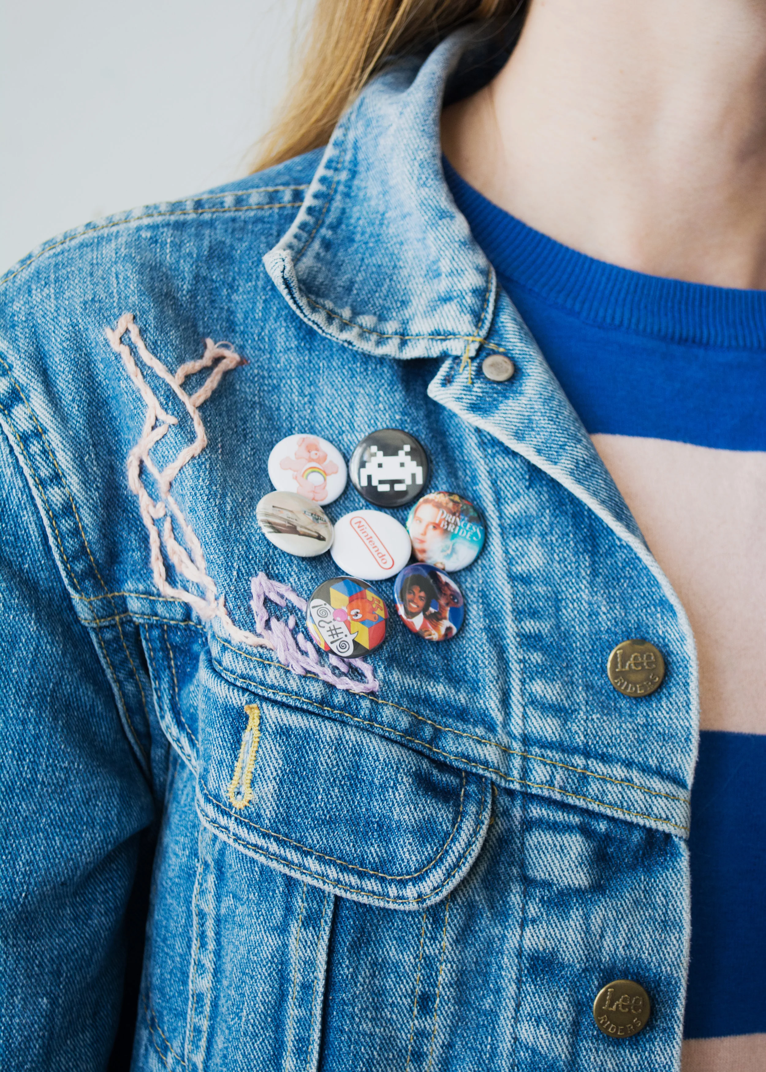 Not a pro at embroidery but I am working on it! Love these vintage pins I found on ebay- Just typed in vintage button/pins