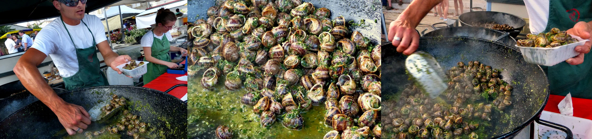 Snails being served up at the night farmer’s market in the town of Le Fréchou