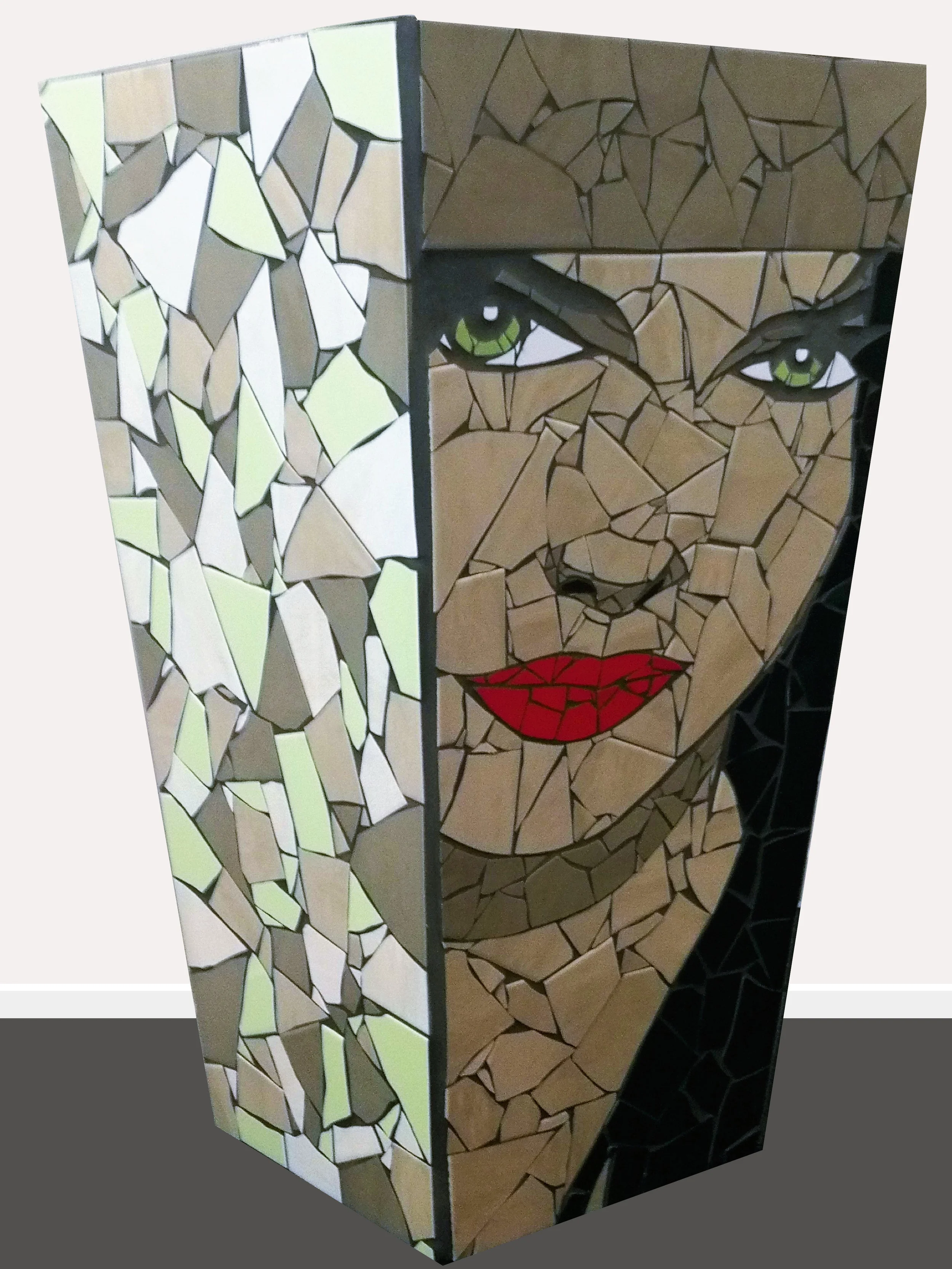 Elena Danielle Fernandez, pop art mosaic planter, indoor/outdoor (drainage hole at bottom), 815mm x 470mm. Elena comes from Catherina Zeta Jones' character in 'The Mask of Zorro'. $3,650.00
