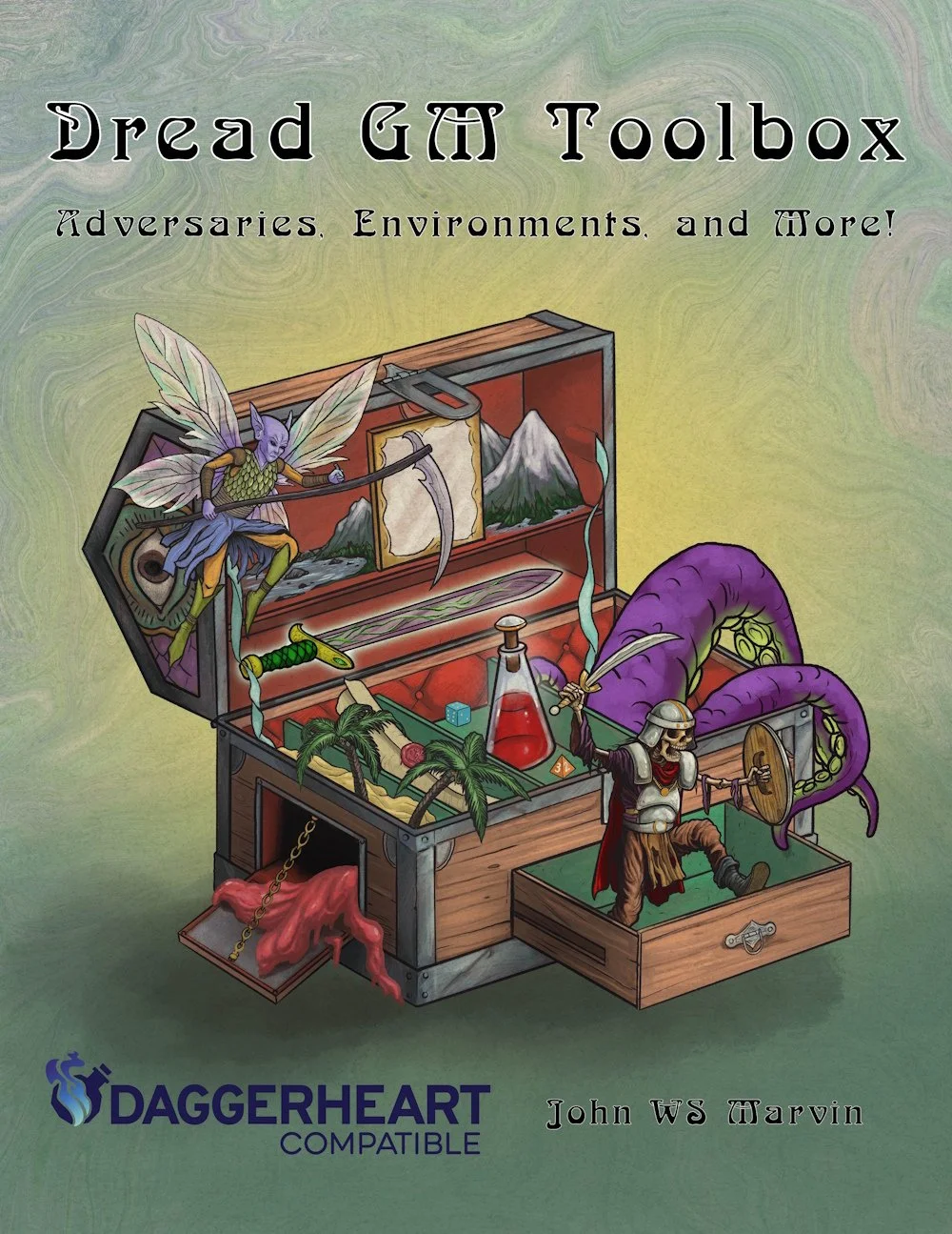 Magical toolbox with potions, pixies, tentacles