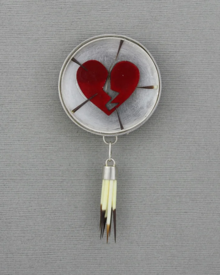Heartbreak, 2017: Brooch, 3.25 x 1.5 x 0.25 IN Sterling silver, maple wood, porcupine quills, acrylic