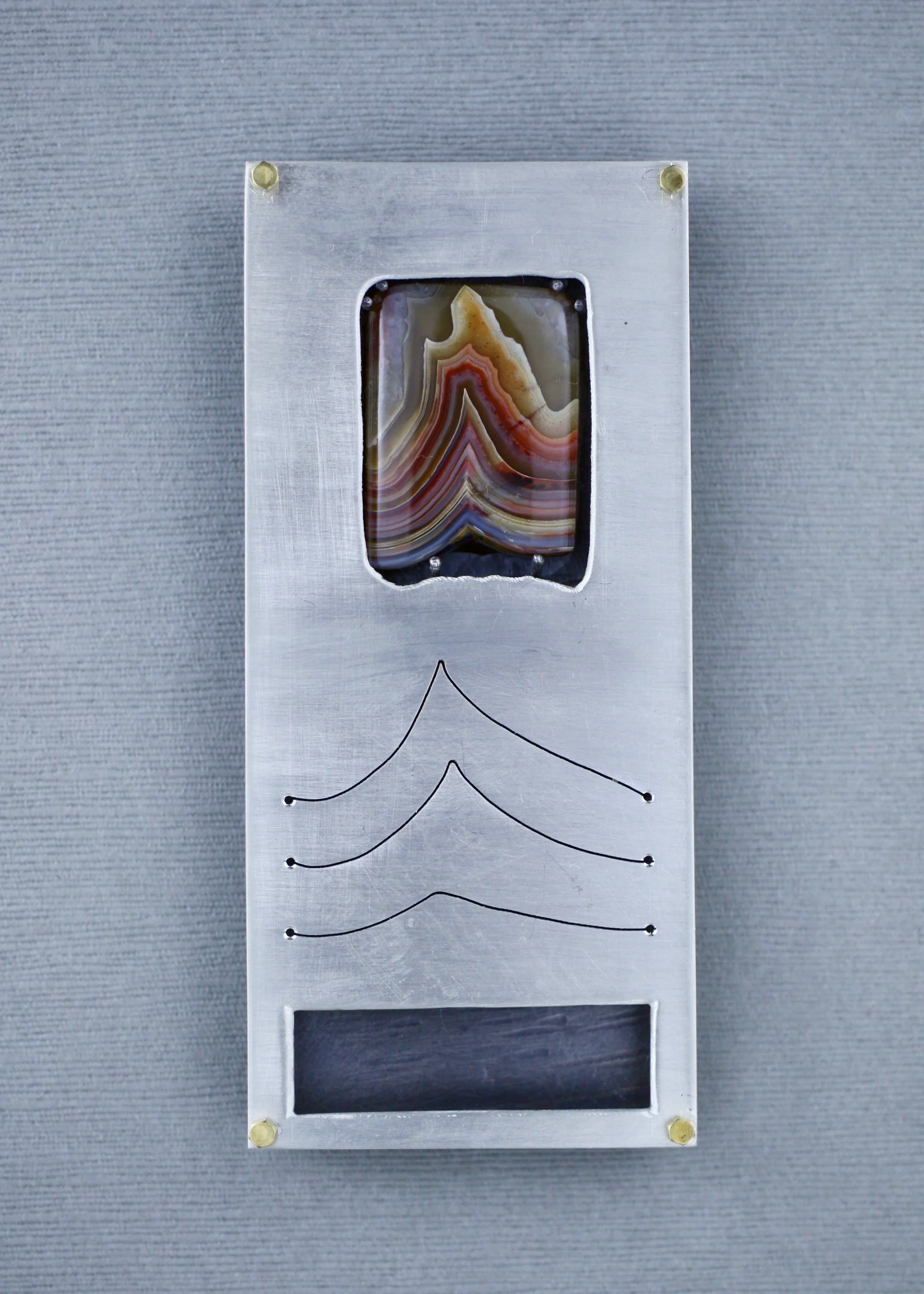 Inside, 2018 Brooch, 4.25 x 2 x 0.50 IN Sterling silver, lace agate, brass, stainless steel