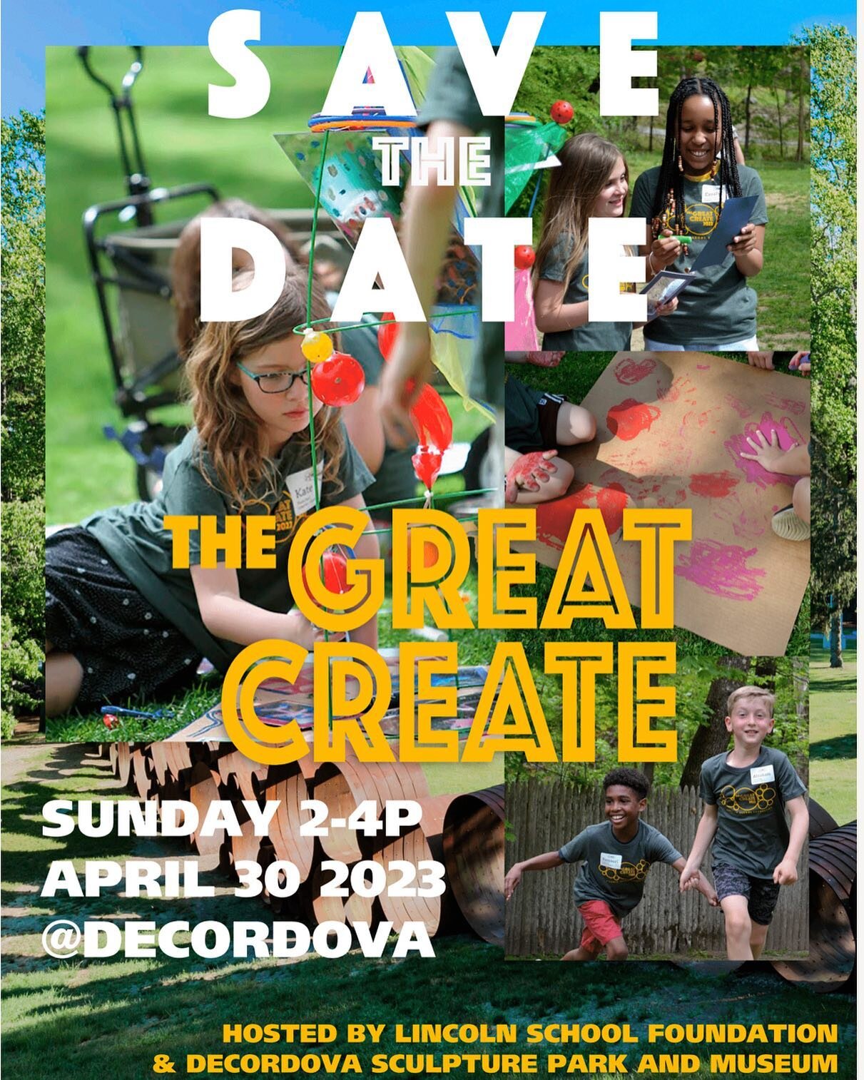 Save the Date for The Great Create!

On April 30, the Lincoln School Foundation will invite K-5 students to complete creative challenges at deCordova Sculpture Park and Museum. Students from the Lincoln and Hanscom campuses will work collaboratively 