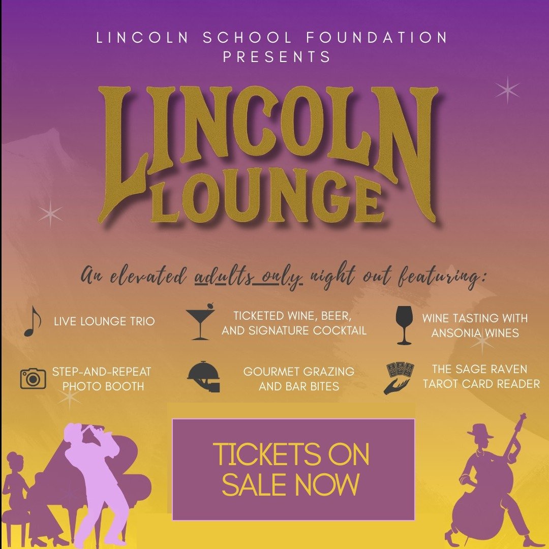 🕺💃🏽 Lincoln Lounge - Saturday March 7 from 7 to 10 pm. Get your tickets today from lincolnschoolfoundation.org

This special community event at Lincoln's own Pierce House features music 🎹, signature cocktails 🍸🥃, bar bites 🍢, wine tasting with