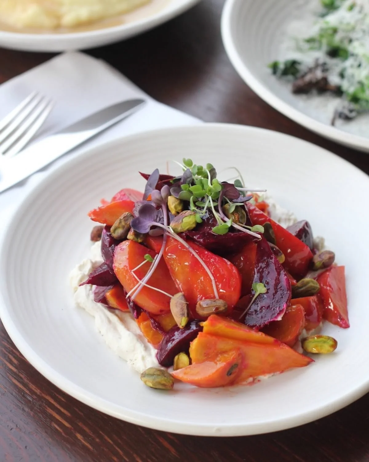You can&rsquo;t *~beet~* this dish in looks OR taste.  Rainbow beets, whipped ricotta and roasted pistachios.
