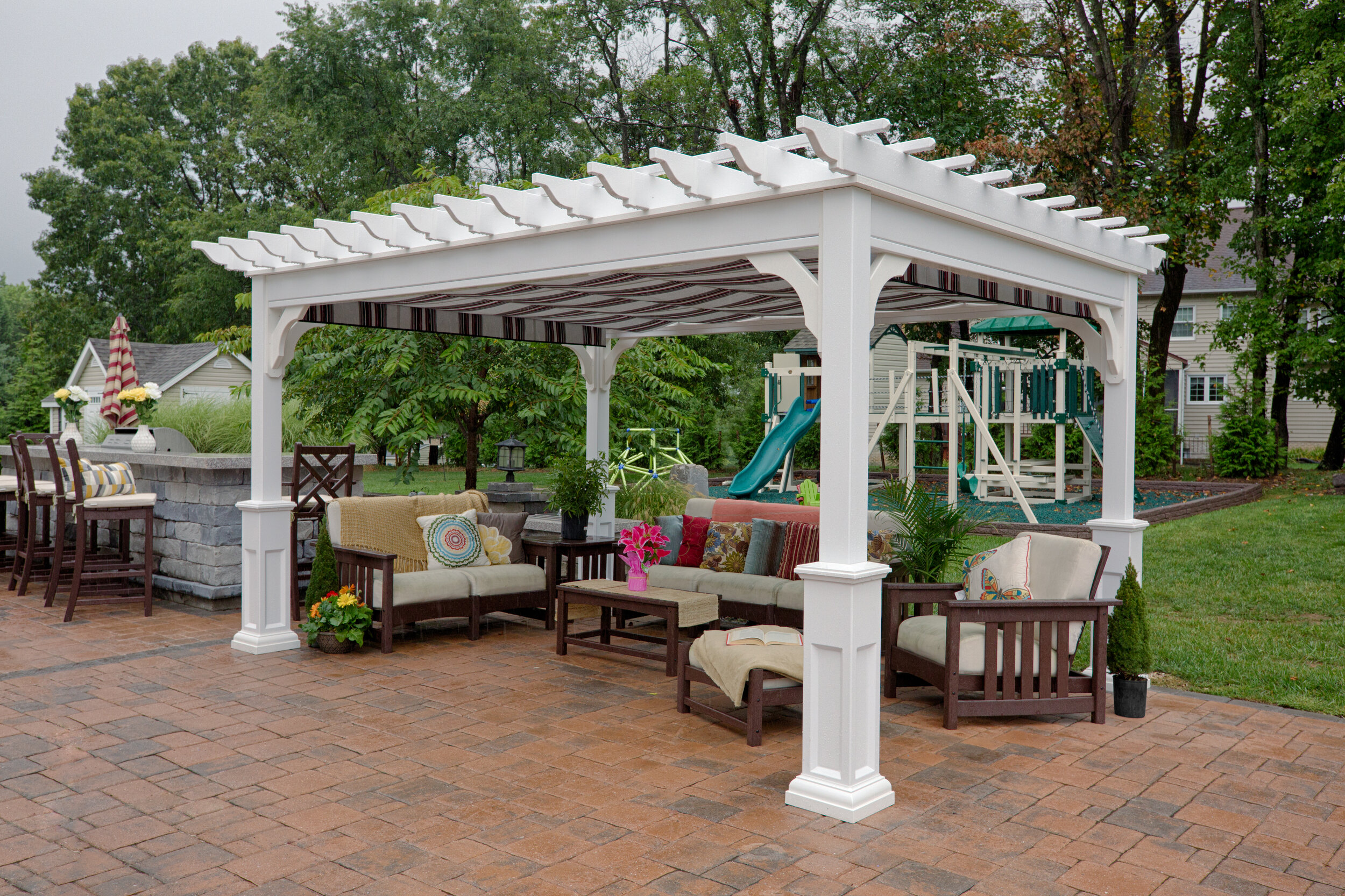 10'x14' Traditional White Vinyl Pergola, Superior Post, Burgundy Black & White EZ Shade Canopy.jpg