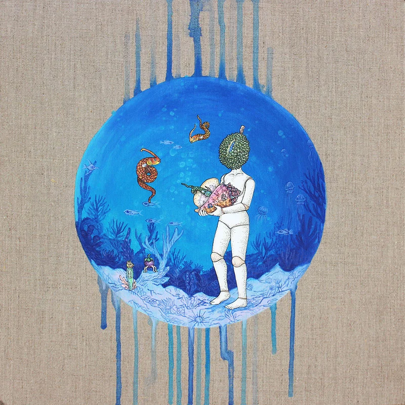 The Considerate Ecologist , drawing and watercolour on hand cut acid-free paper & acrylic on canvas, 40x40cm, 2016, private collection