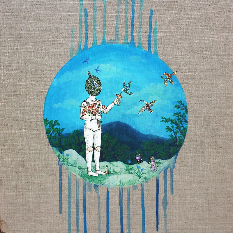 The Helpful Botanist , drawing and watercolour on hand cut acid-free paper & acrylic on canvas, 40x40cm, 2016, private collection