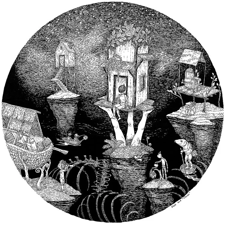 Islands , pen on watercolour paper, 25x25cm, 2018